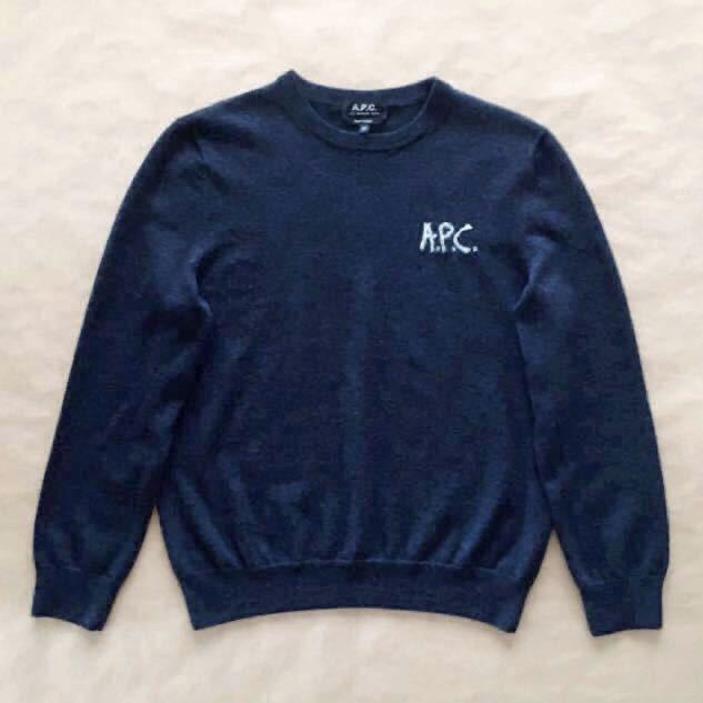 極美品 完売 A.P.C. 手描き ロゴ入り ニット 杢ダービーネイビー M 