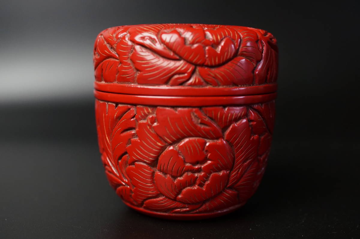 壱□村上堆朱 板垣恵泉/牡丹唐草文 中棗/茶入 天然木塗