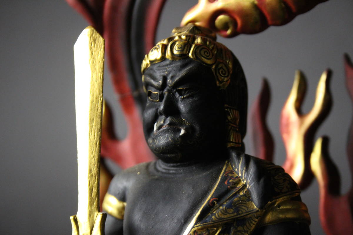 時代仏教美術 玉眼 細密 木彫彩色 不動明王像 40cm 寺院引取品 w49