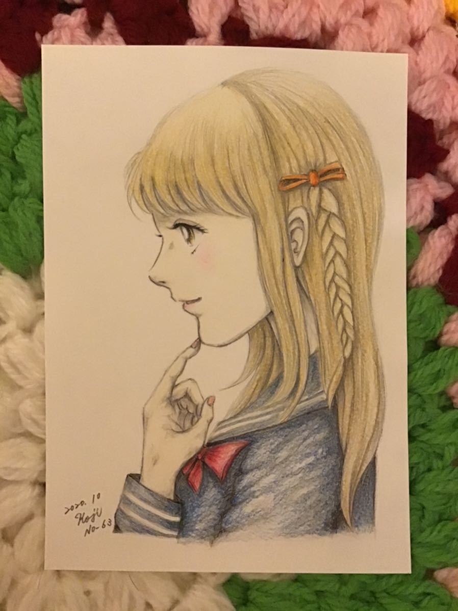手書きイラスト セーラー服の少女no 62 Thoughts もの想い サイズ16 5 11 5 ボールペン 新品 画用紙 色鉛筆 鉛筆 非売品 Outlet Sale 62