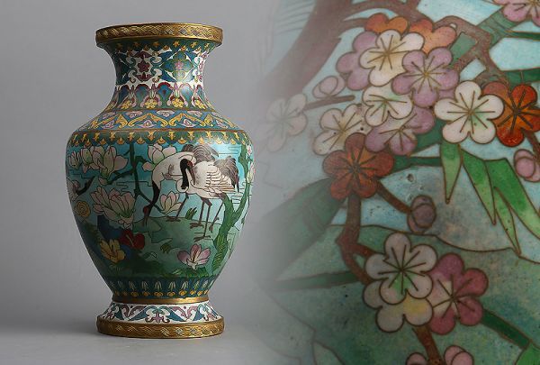 古七宝琺瑯彩花文双獣耳花瓶 [B28687] 古七宝琺瑯彩花文双