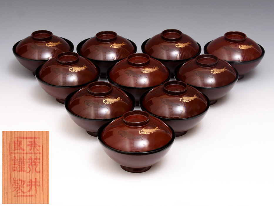 10客セット 銀杏紋様蒔絵椀 金蒔絵 朱塗 漆器 箱付 骨董品 10客セット 銀杏紋様蒔絵椀 金蒔絵 朱塗 漆器 箱付 骨董品