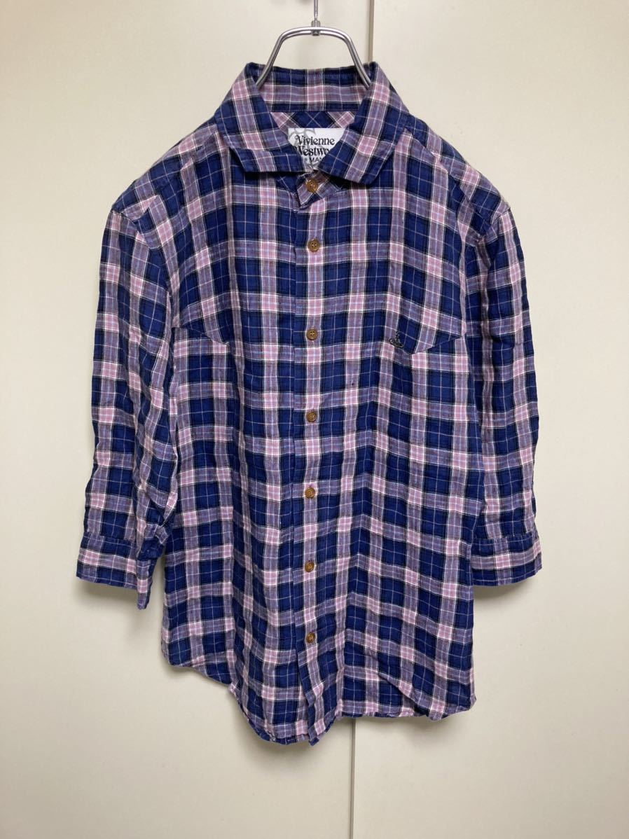 Vivienne Westwood MANチェック柄 七分袖シャツ 青系 44 ヴィヴィアン
