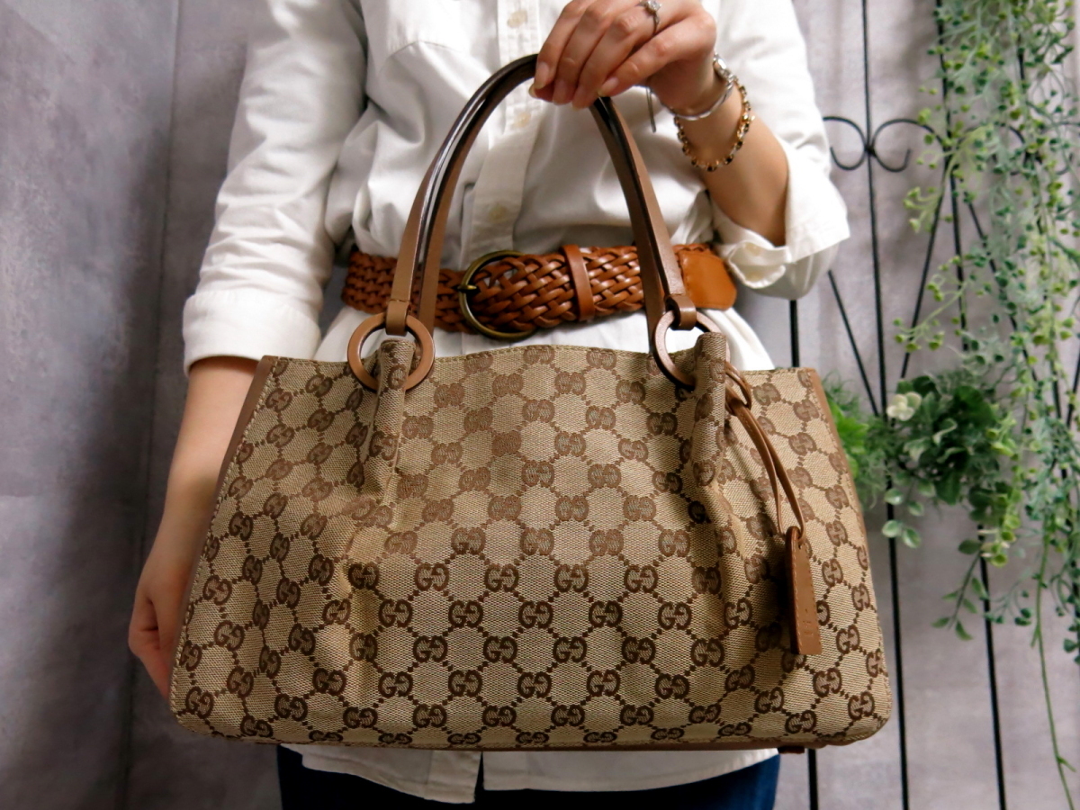 ○美品○GUCCI グッチ○GG キャンバス レザー 本革○トート バッグ 