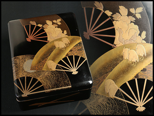 蔵出し大正レトロ 漆器 鉢 黒塗 金 蒔絵 扇面 アンティーク ブランド