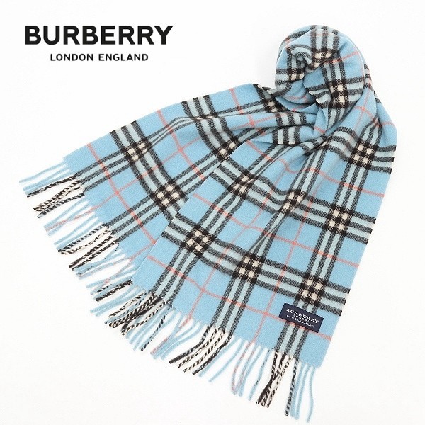 バーバリー ロンドン ノバチェック柄 マフラー カシミヤ100 イギリス製 水色 ◇BURBERRY LONDON/バーバリー ロンドン カシミヤ100％ ノバチェック柄