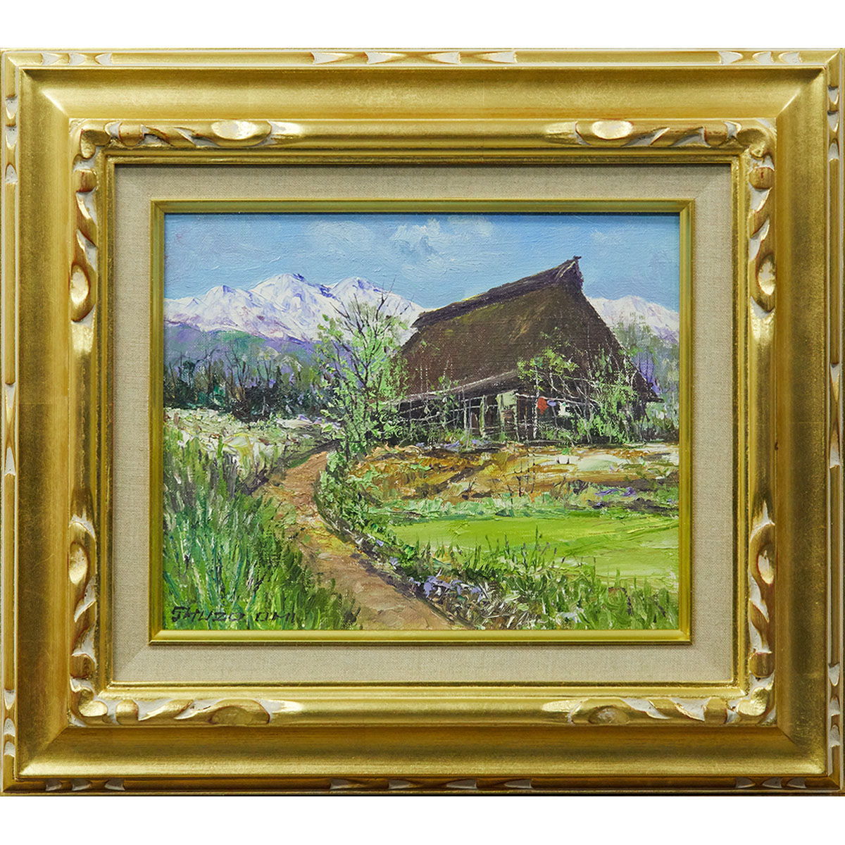 売切り最終処分【おたからや美術画廊】尾身周三 安曇野民家 油彩3号 風景画 田舎 民家 自然 山 新緑 絵画 原画 油絵 真作保証 42688og