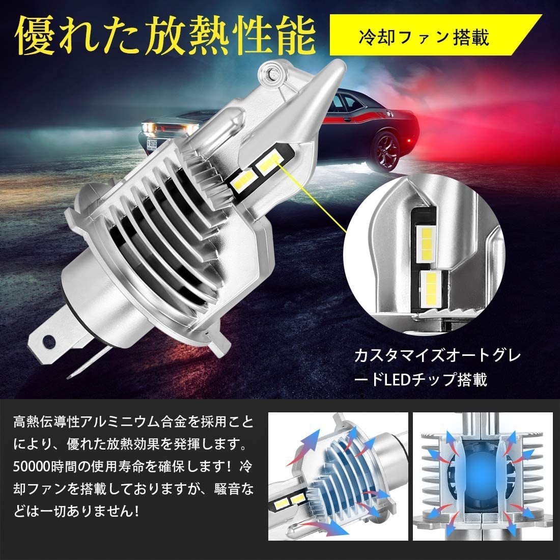 1円~送料無料！H4 led ヘッドライト Hi/Lo 車検対応 車/バイク用 16000LM 12V/24V車対応(ハイブリッド車・EV車対応) LEDバルブ 2個入