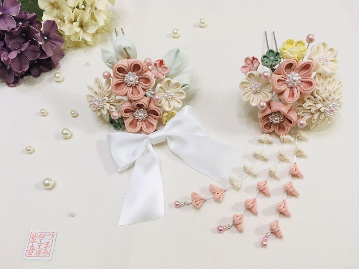 淡い桜色とリボンのつまみ細工かんざしセット　つまみ細工 卒業式 成人式　振袖　結婚式　七五三　かんざし コスプレ 袴 髪飾り