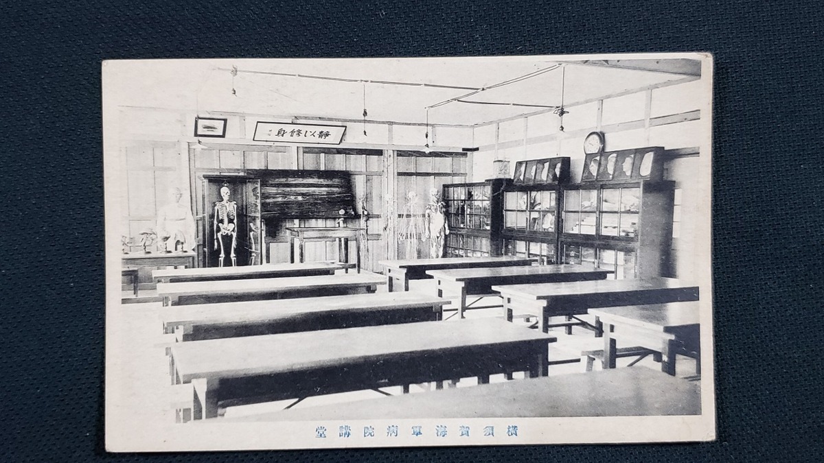 ｈ■　戦前絵葉書　 横須賀海軍病院講堂　建造物　骨格標本　人体模型　風景　光景　レトロ　/pc64_1