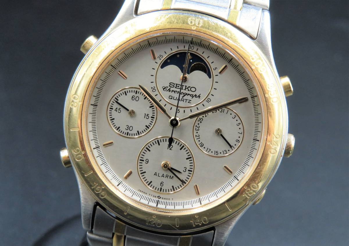 1円～ 稼動品 正規品 SEIKO セイコー 7T36-6A30 クロノグラフ アラーム ムーンフェイズ シルバーダイヤル クォーツ メンズ腕時計 BBSWA4212