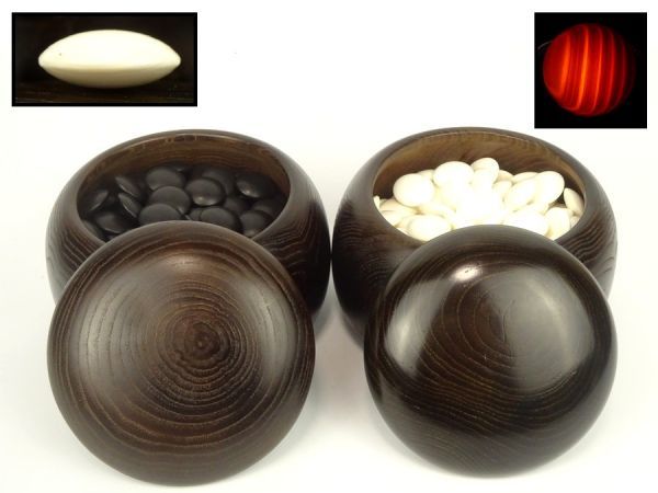髭〕囲碁道具 『本蛤石 那智黒石 碁石』 碁笥付 直径 約2.2cm 厚み 約