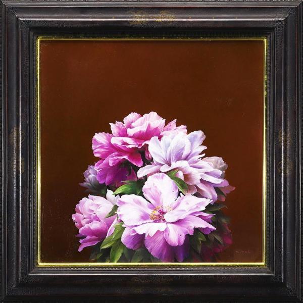 油彩画　「　牡丹　貴婦人　」　額付　原画 真作】【WISH】土井邦晃「牡丹」油彩 8号 1984年作 スクエア