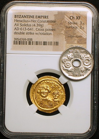 6544. ビザンツ帝国 フォリス銅貨 キリスト像 ビザンツ帝国金貨】(2肖像タイプ NGC-XF 西暦613-641年 4.39g/高品位