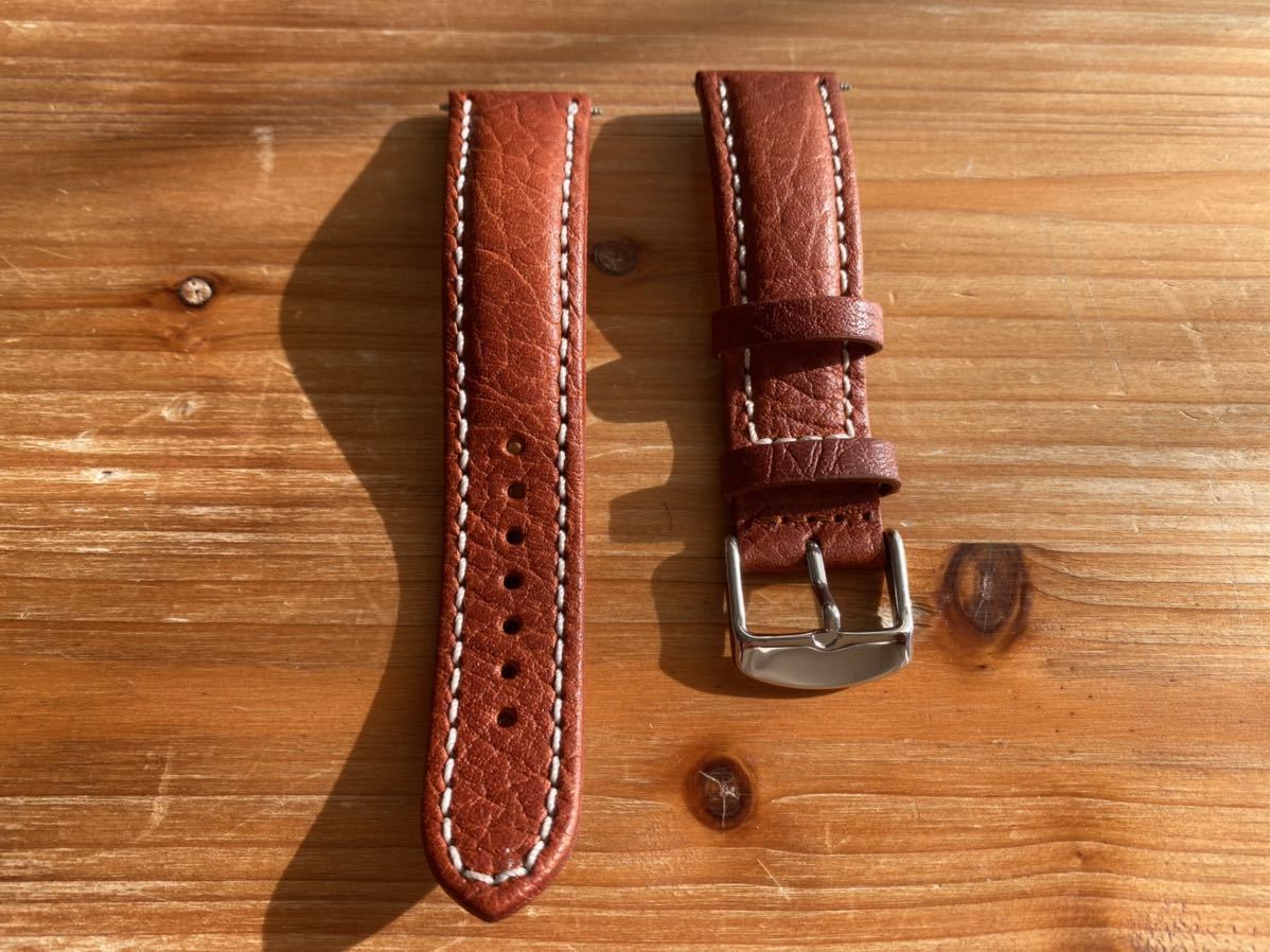 【20mm】イタリアンカーフレザー バッファロー型押し ハーフパッド タンブラウン（ホワイトステッチ）バネ棒付き / 時計ベルト 時計バンド 