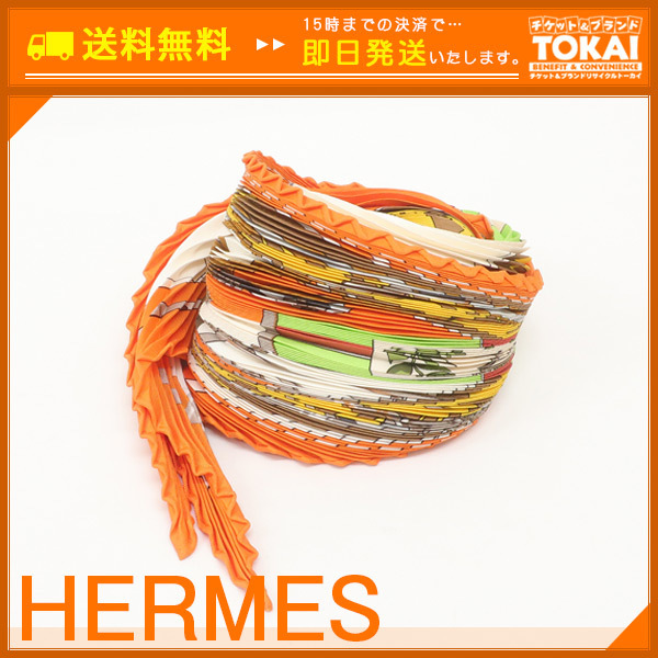 12月末まで値下げ！HERMES プリーツスカーフ　イエロー系 HERMES プリーツスカーフ イエロー系 マルチカラー シルク100％
