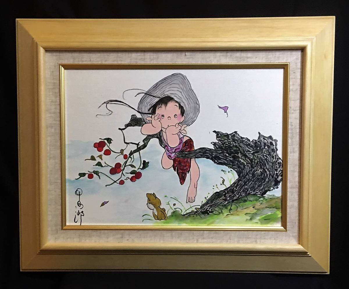 依頼出品□ 【柿と少女】童女とうめ吉□肉筆画（中島潔・草間