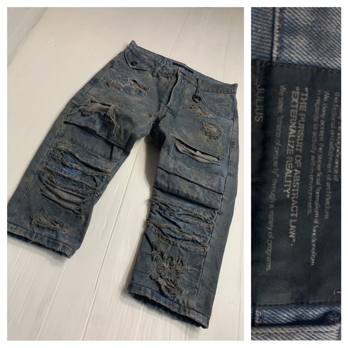 JULIUS_7 ユニウス　日本製　ハードクラッシュデストロイド　加工デニム　クロップドパンツ　1 約78cm ハーフパンツ　ショートパンツ