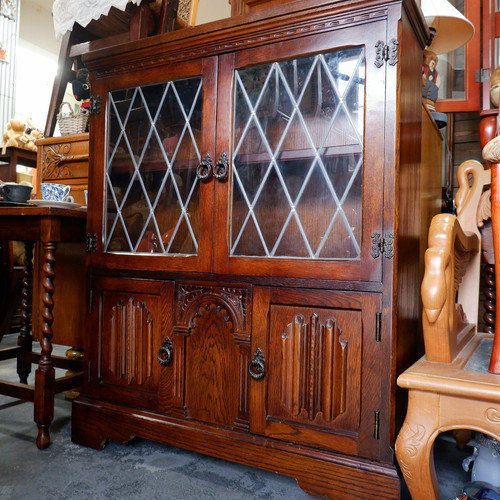 英国 アンティーク ステンドグラス オーク無垢材 ブックシェルフ 飾り棚 キャビネット リネンフォールド ヴィンテージ