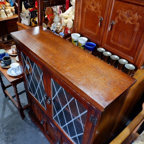 英国 アンティーク ステンドグラス オーク無垢材 ブックシェルフ 飾り棚 キャビネット リネンフォールド ヴィンテージ