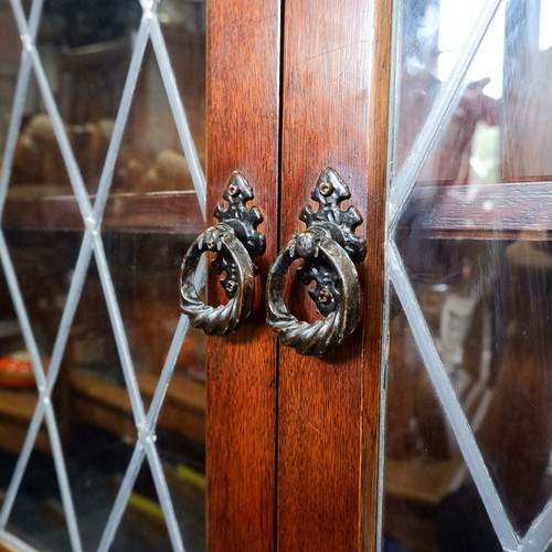 英国 アンティーク ステンドグラス オーク無垢材 ブックシェルフ 飾り棚 キャビネット リネンフォールド ヴィンテージ