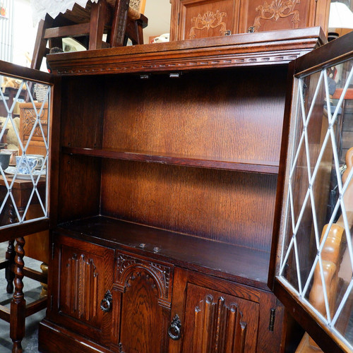 英国 アンティーク ステンドグラス オーク無垢材 ブックシェルフ 飾り棚 キャビネット リネンフォールド ヴィンテージ