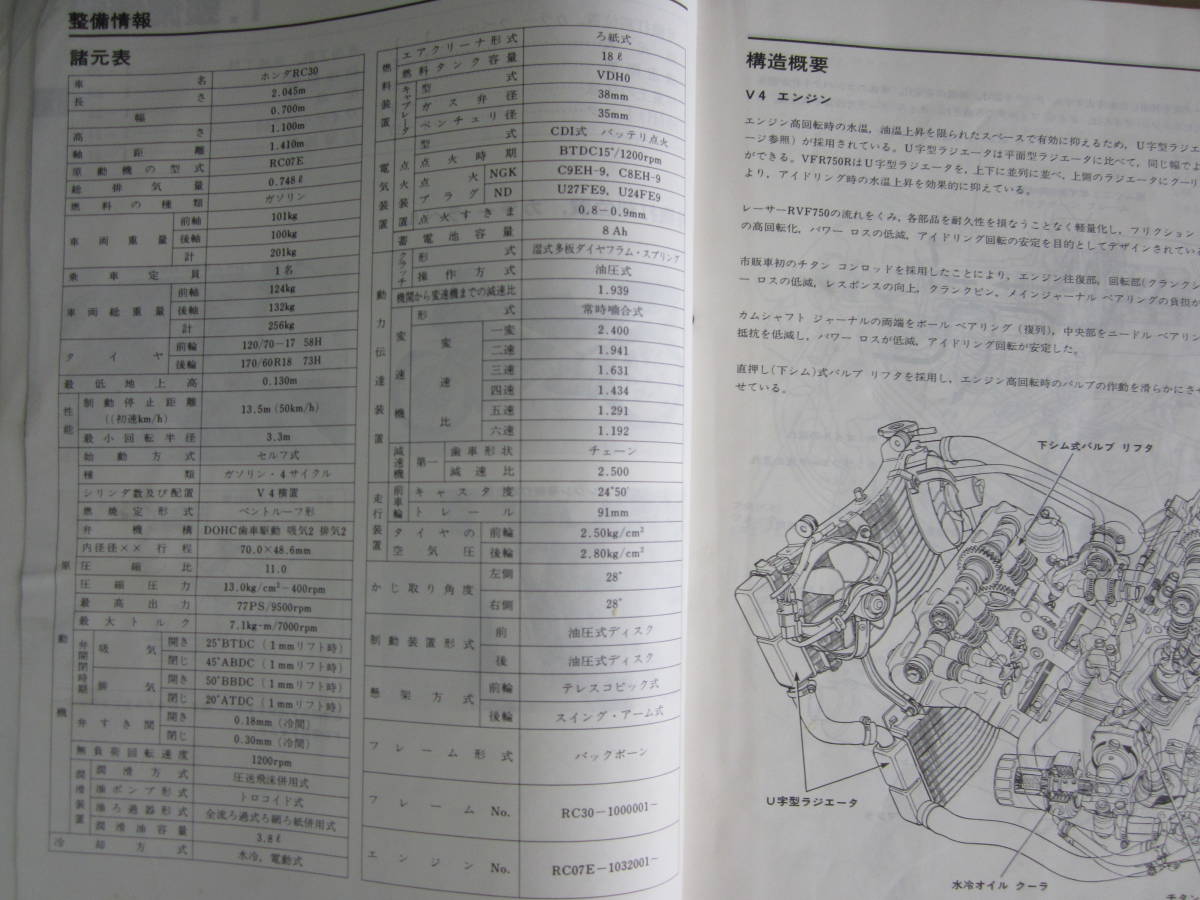 オートバイ ホンダ VFR750R RC30 サービスマニュアル