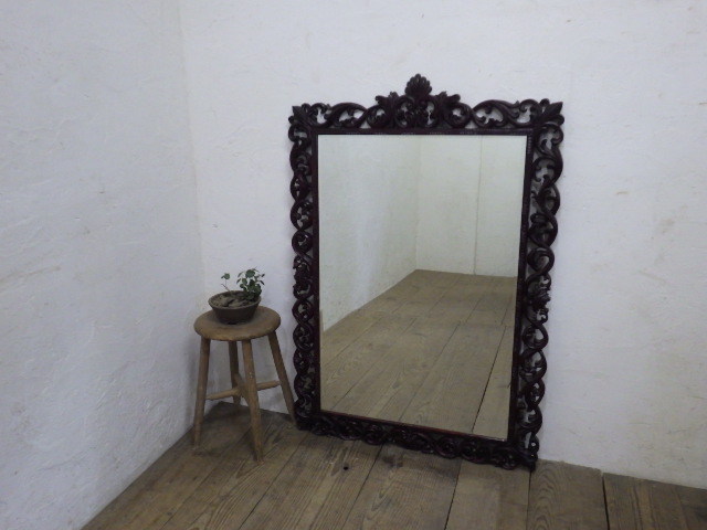 タS792◆H117cm×W80cm◆ヴィンテージ◆レトロモダンな古い木枠のウォールミラー◆鏡姿見壁掛け式純喫茶店アトリエインテリアH町