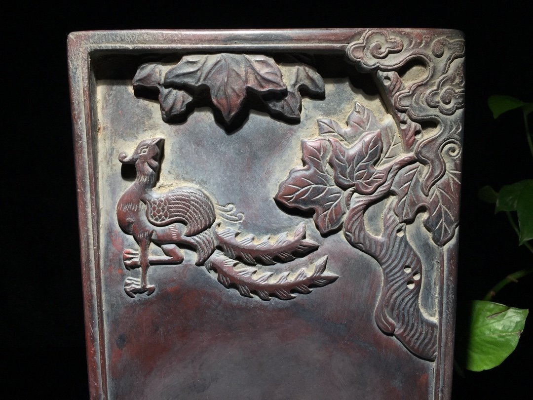 徳】旧家蔵出『清 老坑端渓硯 鳳栖梧桐端硯 抄手硯 在銘』書家用硯
