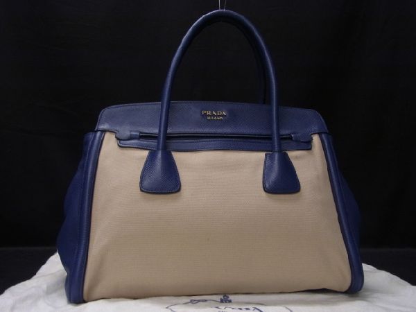 1円 □美品□ PRADA プラダ サフィアーノレザー×キャンバス ゴールド 