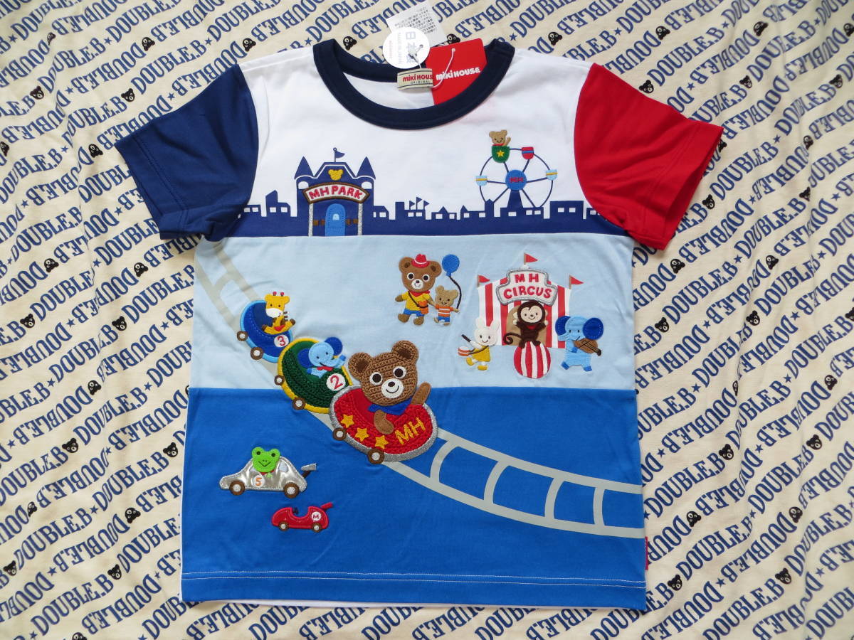 新品タグ付き/日本製 ★ミキハウス★MIKIHOUSE★プッチー テーマパーク半袖Ｔシャツ テーマパークで遊ぶプッチー、ワッペンや刺繍で豪華