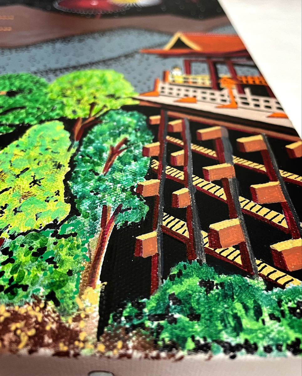 F6号 山下清 手描き 模写 清水寺の花火 油彩 絵画 額装 油絵 花火