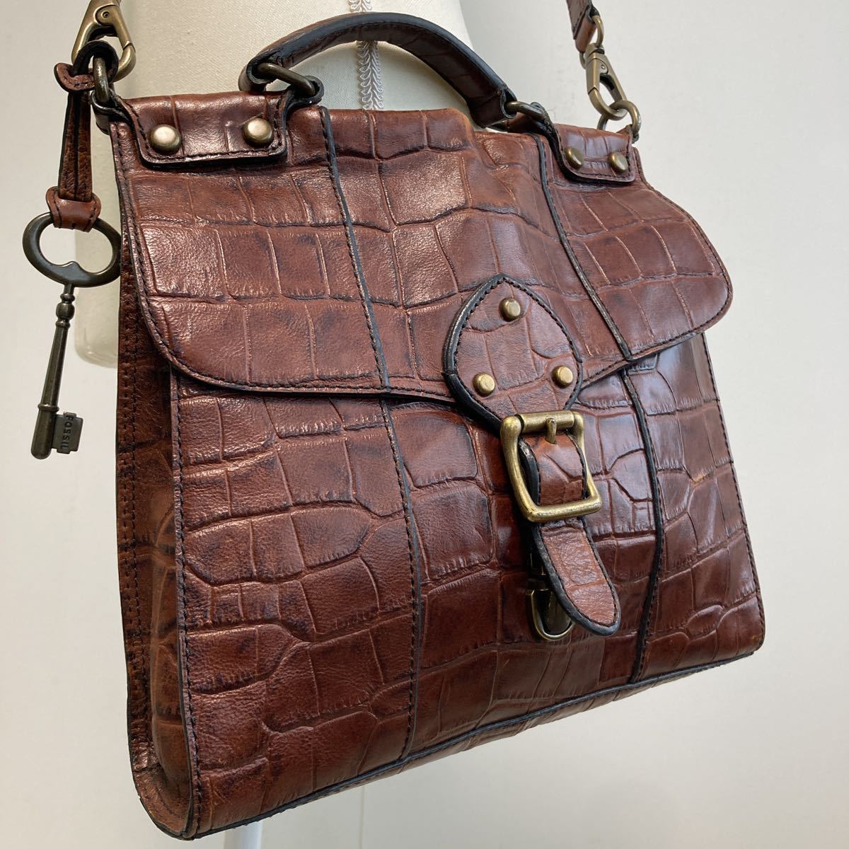 フォッシル FOSSIL レザー ショルダーバッグ クロコダイル 型押し 
