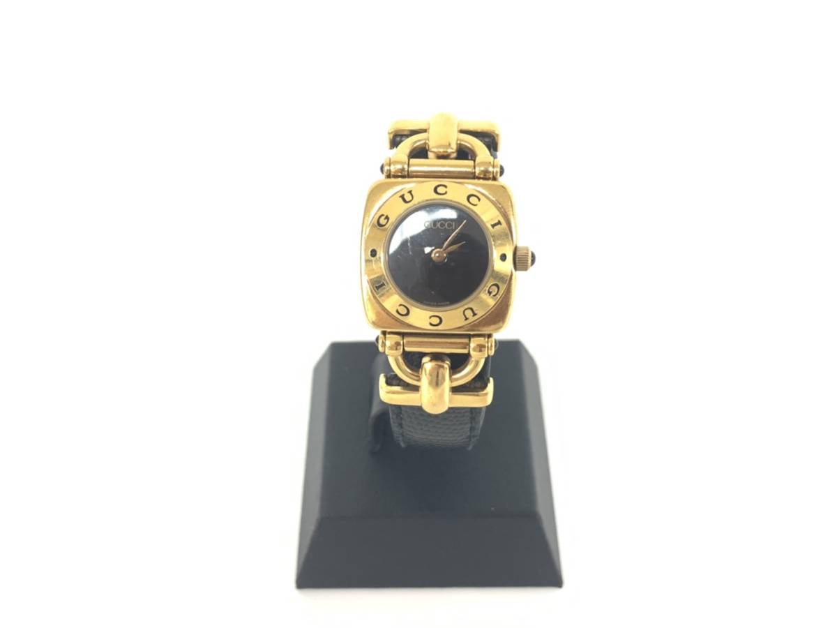 F5037　1円～　時計 GUCCI グッチ ホースビット 6300L 黒文字盤 ゴールド QZ レディース 腕時計 不動品