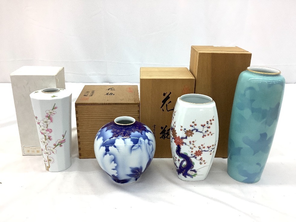 宮内庁御用達/深川製磁 花瓶/色絵彩磁 4点まとめ 箱付属 中古品