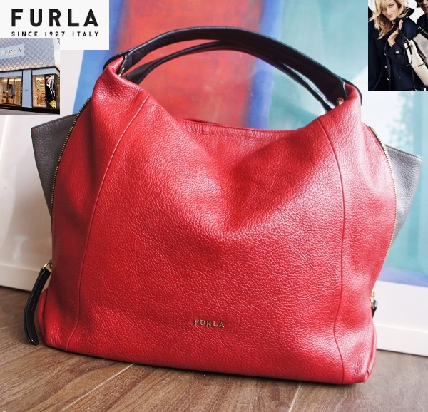 FURLAフルラ/バイカラーデザイン/サイドジップ/レザーバッグ フルラ 