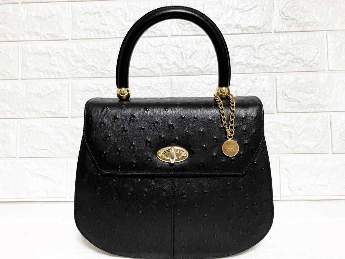 美品 GENUINE オーストリッチ 本革 バイカラー ハンドバッグ ブラック 