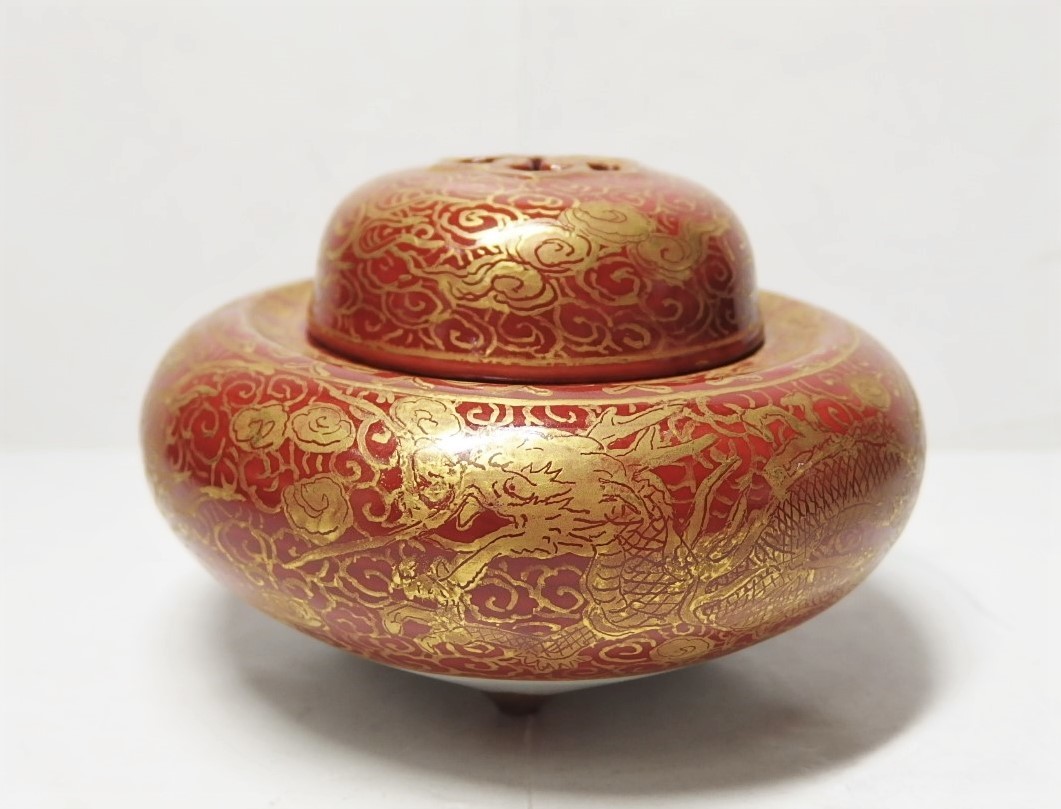 二代浜坂楓塘作/金襴手龍鳳凰文香炉/共箱/茶道具