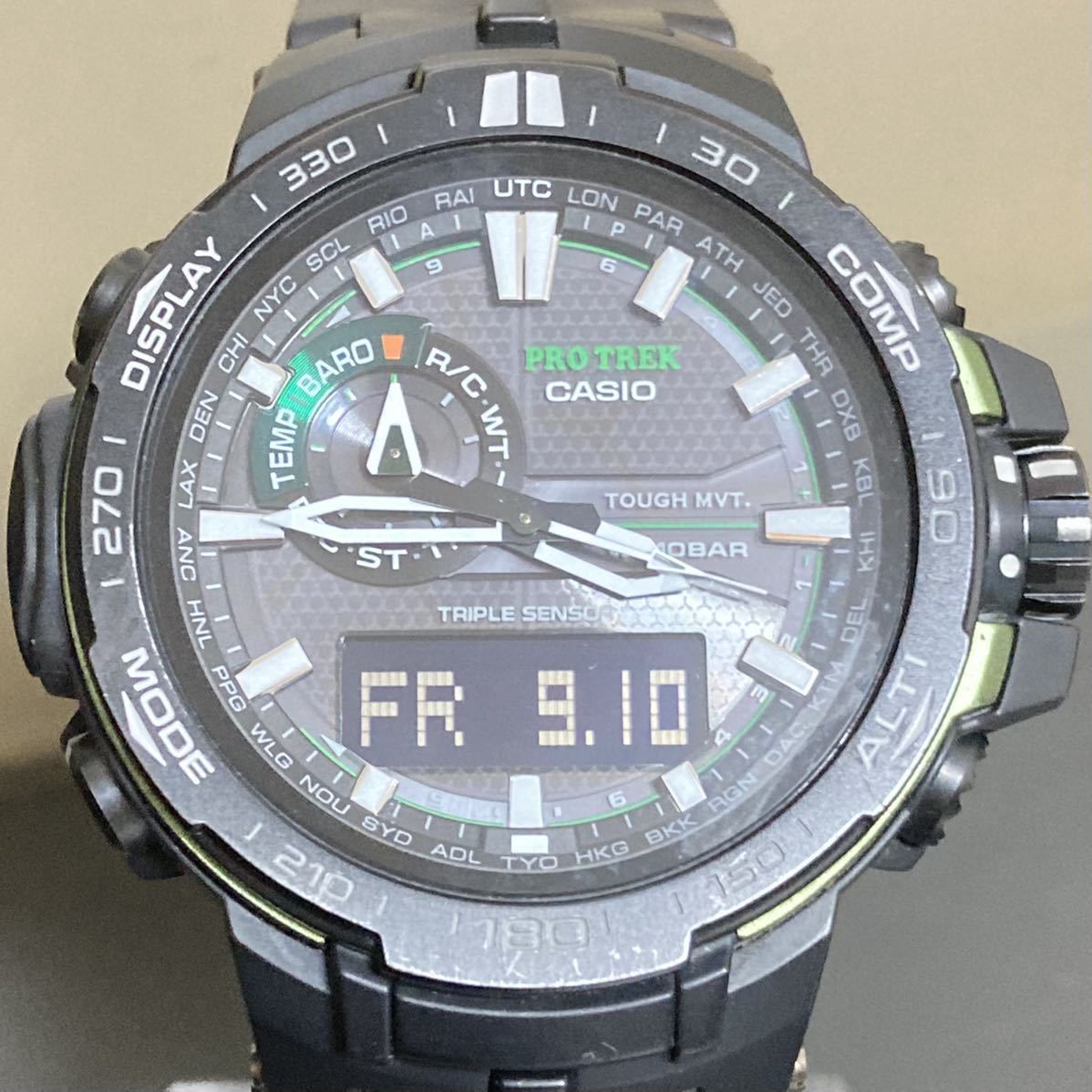  美品 PROTREK PRW-6000Y-1AJF タフソーラー 電波受信 電波ソーラー マルチバンド6 トリプルセンサver.3 アナデジ ブラック グリーン 箱説付