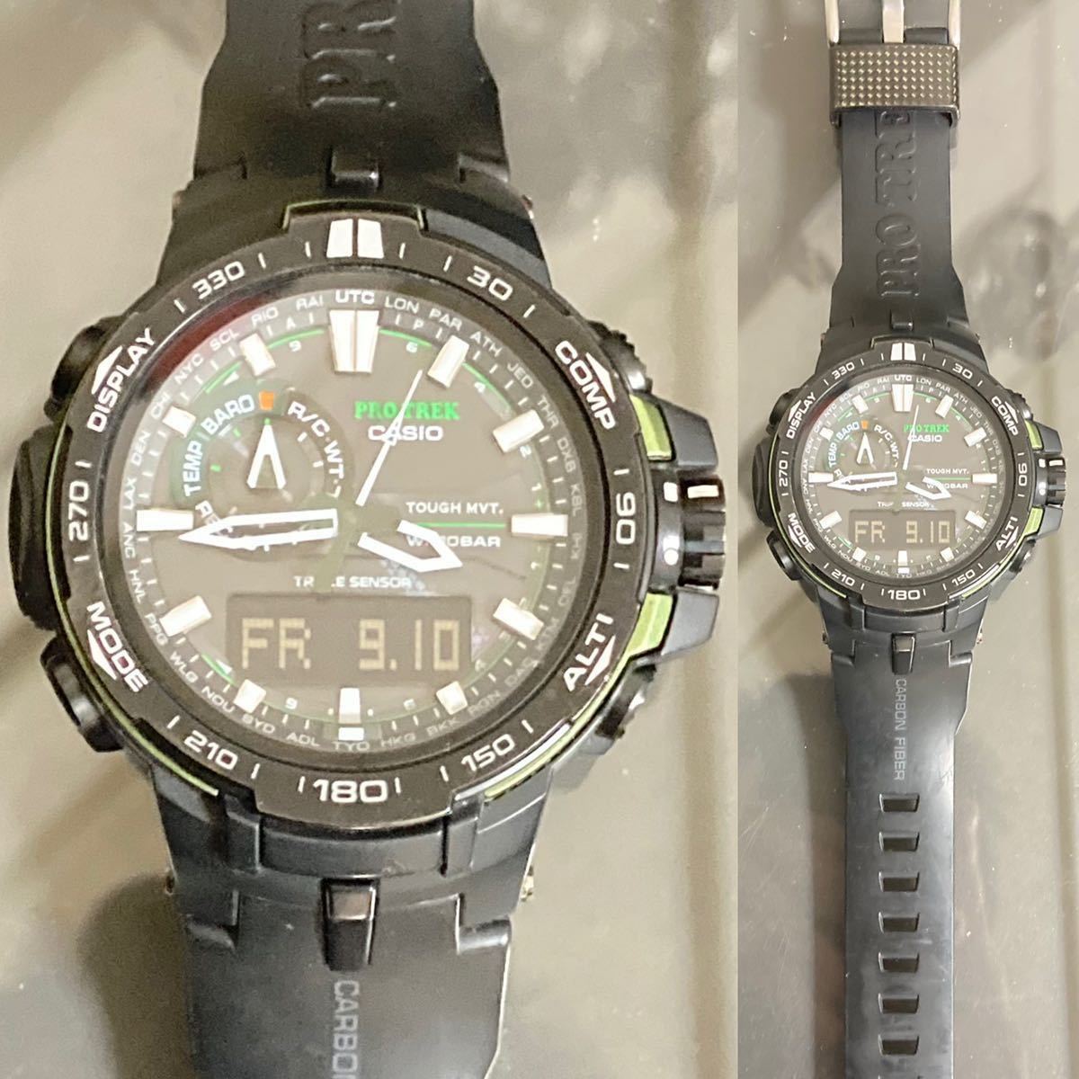  美品 PROTREK PRW-6000Y-1AJF タフソーラー 電波受信 電波ソーラー マルチバンド6 トリプルセンサver.3 アナデジ ブラック グリーン 箱説付