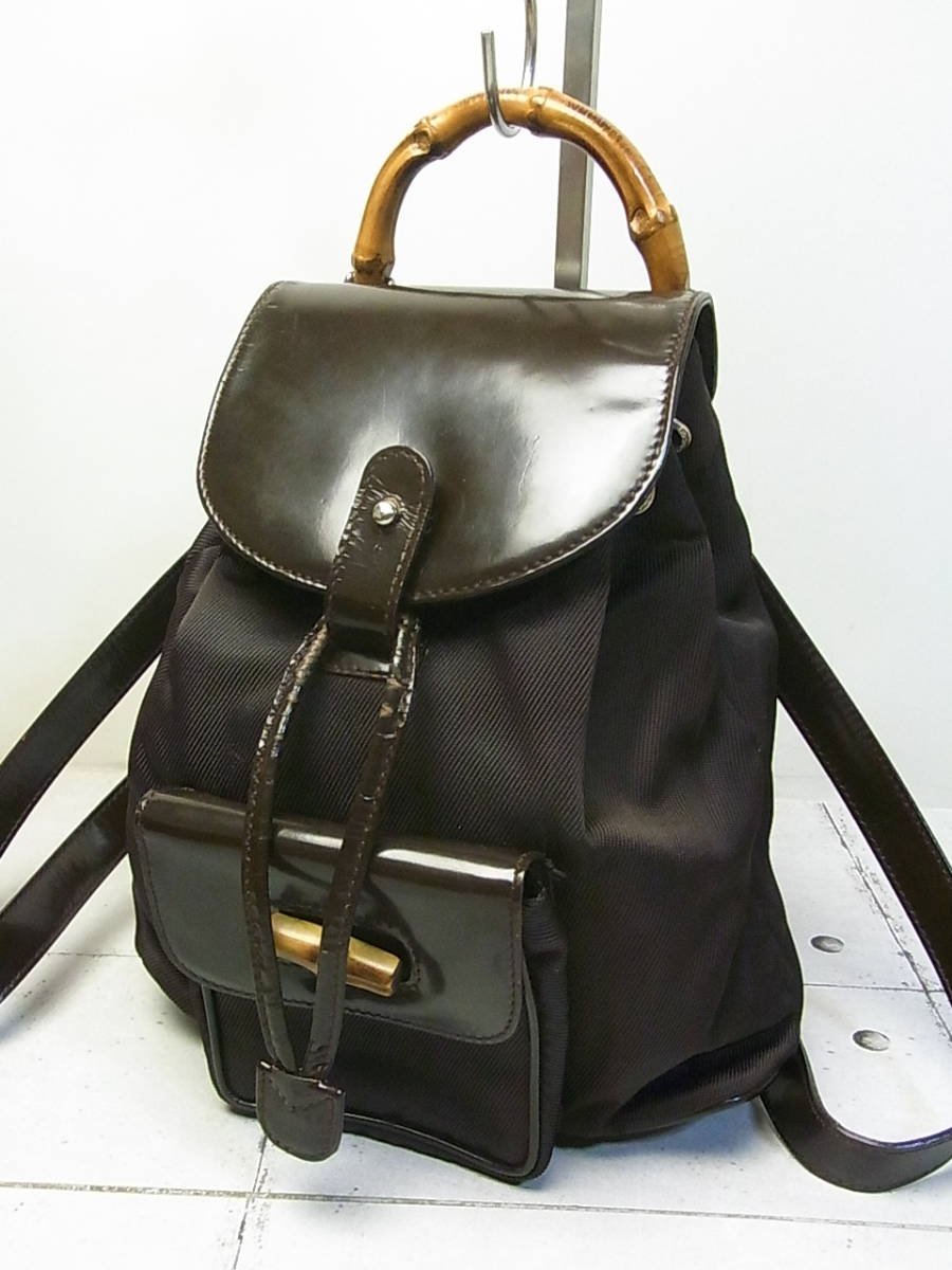  GUCCI/グッチ バンブーライン リュックサック ナイロン&times;レザー ブラウン/茶(バンブーライン)｜売買されたオークション情報、yahooの商品情報をアーカイブ公開 - オークファン かばん、バッグ