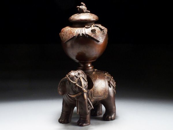 N080. 金工美術 高岡銅器 象香炉 高30.2cm 合箱付属 / 香道具銅器銅