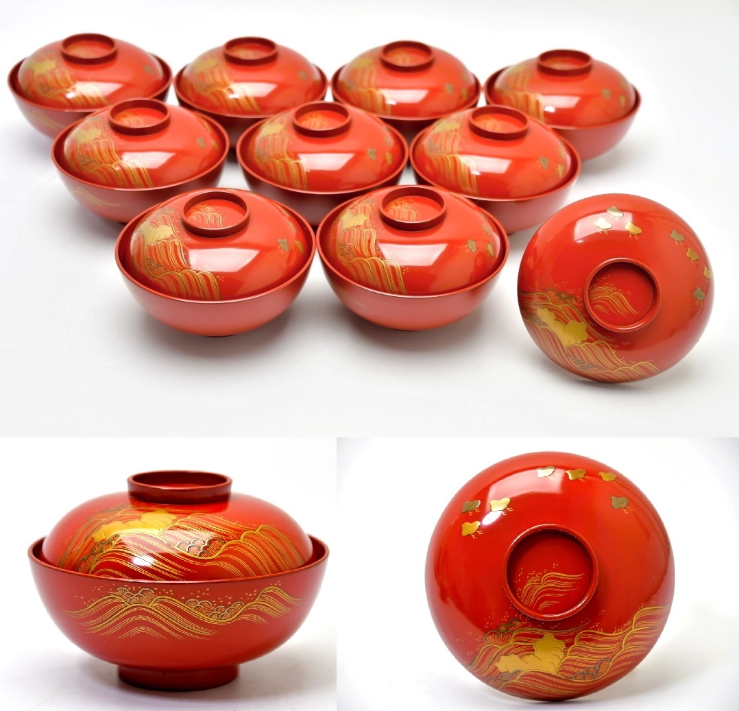 新作入荷，新作登場 175 波千鳥金蒔絵本朱吸物椀 9客 ○