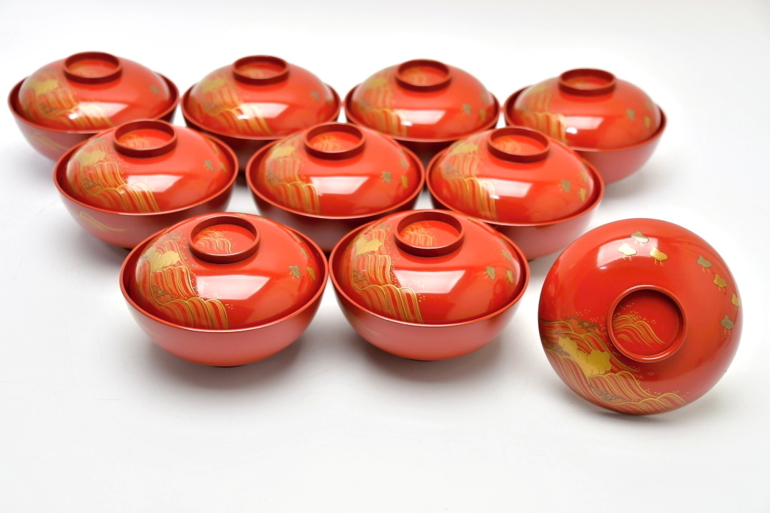 新作入荷，新作登場 175 波千鳥金蒔絵本朱吸物椀 9客 ○