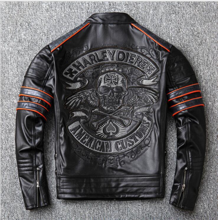 上品レザージャケット 本革 ライダース 機関車 スカル柄 バイク