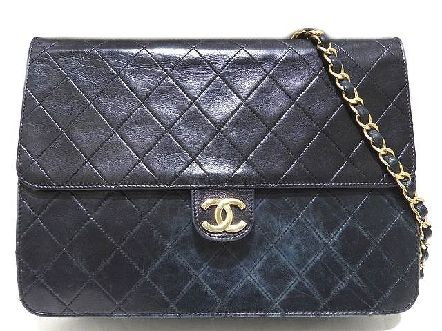 ヴィンテージ シャネル マトラッセ ショルダーバッグ ☆ ラムスキン シングル チェーン プッシュボタン ▼ CHANEL ブラック 黒 3H