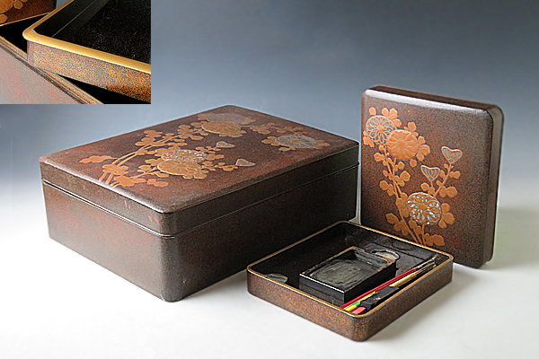 ☆真美☆u990 時代物 菊草蒔絵梨地文庫硯箱 硯箱 板文庫 裏梨地
