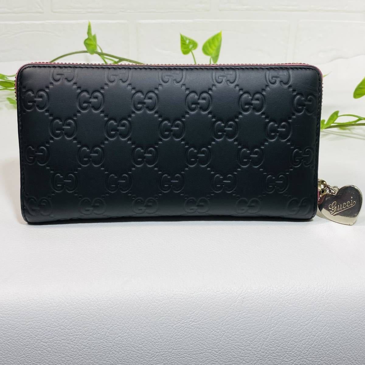 美品〕GUCCI グッチ レザー ラウンドファスナー 長財布 黒 紫