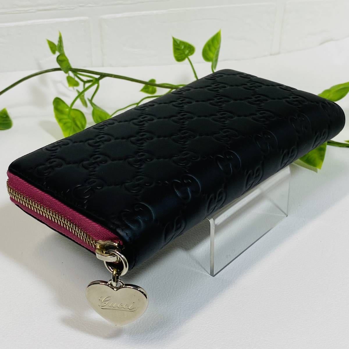 美品〕GUCCI グッチ レザー ラウンドファスナー 長財布 黒 紫