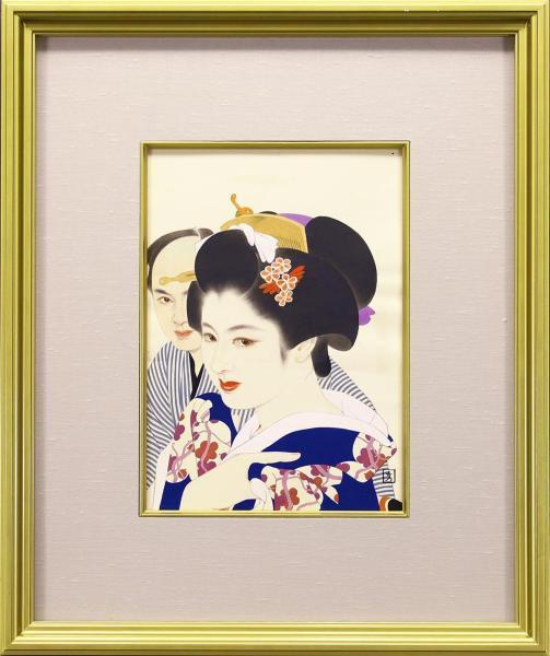 真作】【WISH】志村立美「梅図の着 後縞若者」日本画 証明シール ◇和